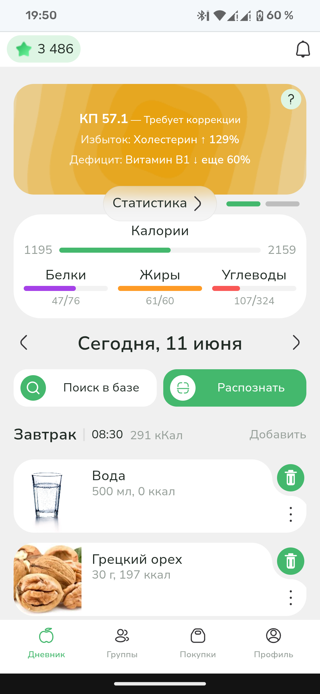 Дневник питания в мобильном приложении